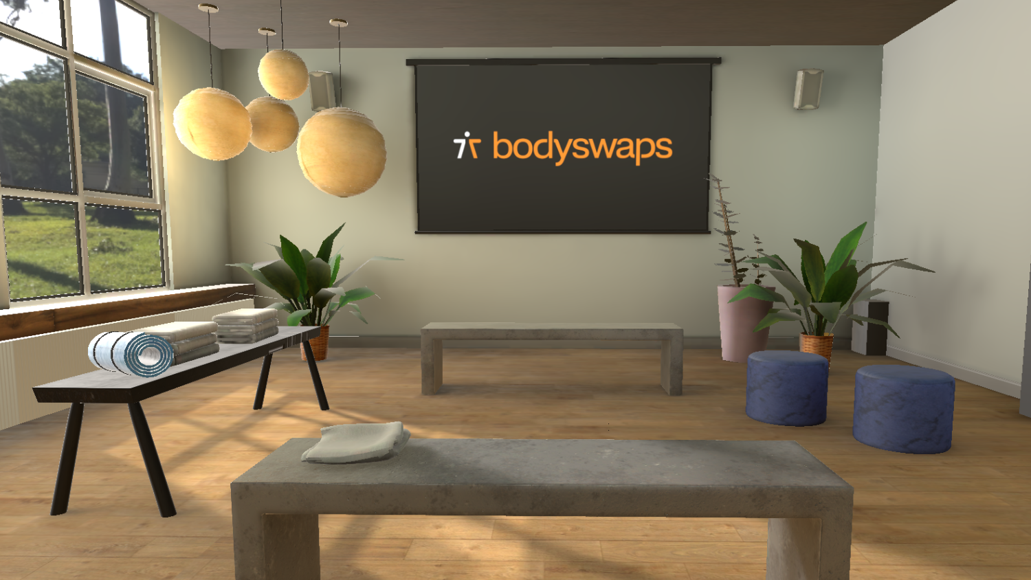 Minimalist yoga room with benches, yoga mats, plants, and a "Bodyswaps" logo on a screen.