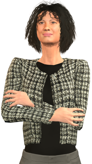 Female avatar with crossed arms and short, black messy hair wearing a suit.