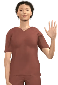 A light skinned woman with black hair tied back, wearing maroon scrubs with one hand raised to wave