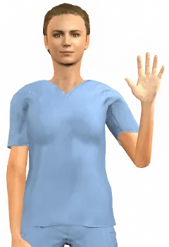 Female nurse in blue scrubs, with brown hair tied back and one hand raised to wave