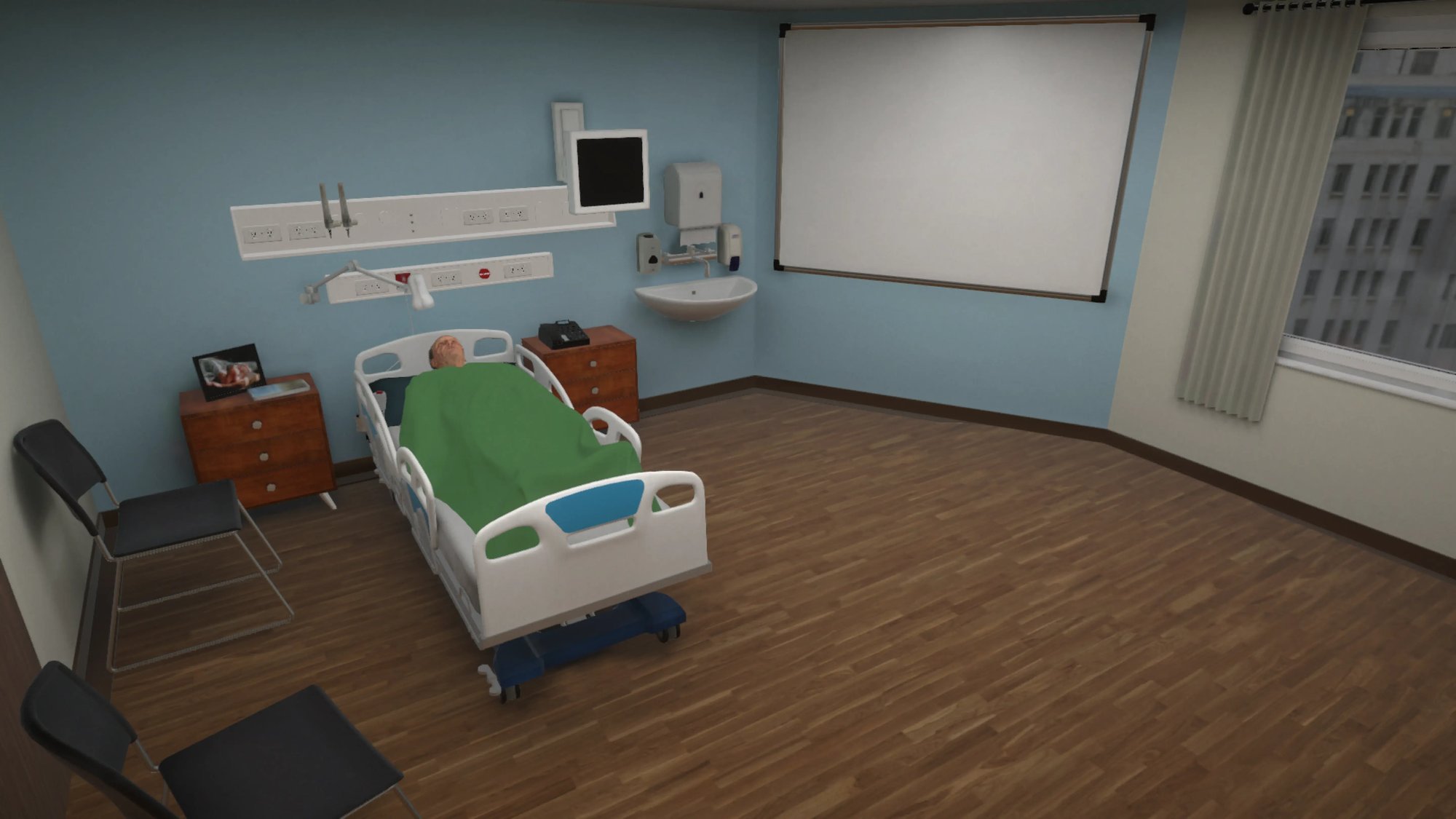 Patient room with one patient in the hospital bed under a green cover