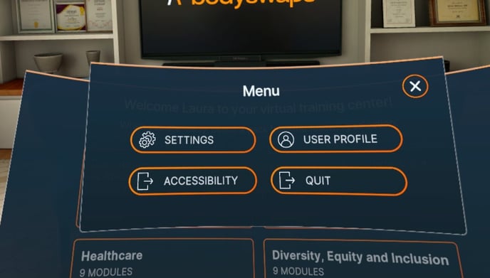 Screen capture of the in-app menu options, including Settings, User Profile, Accessibility and Quit 