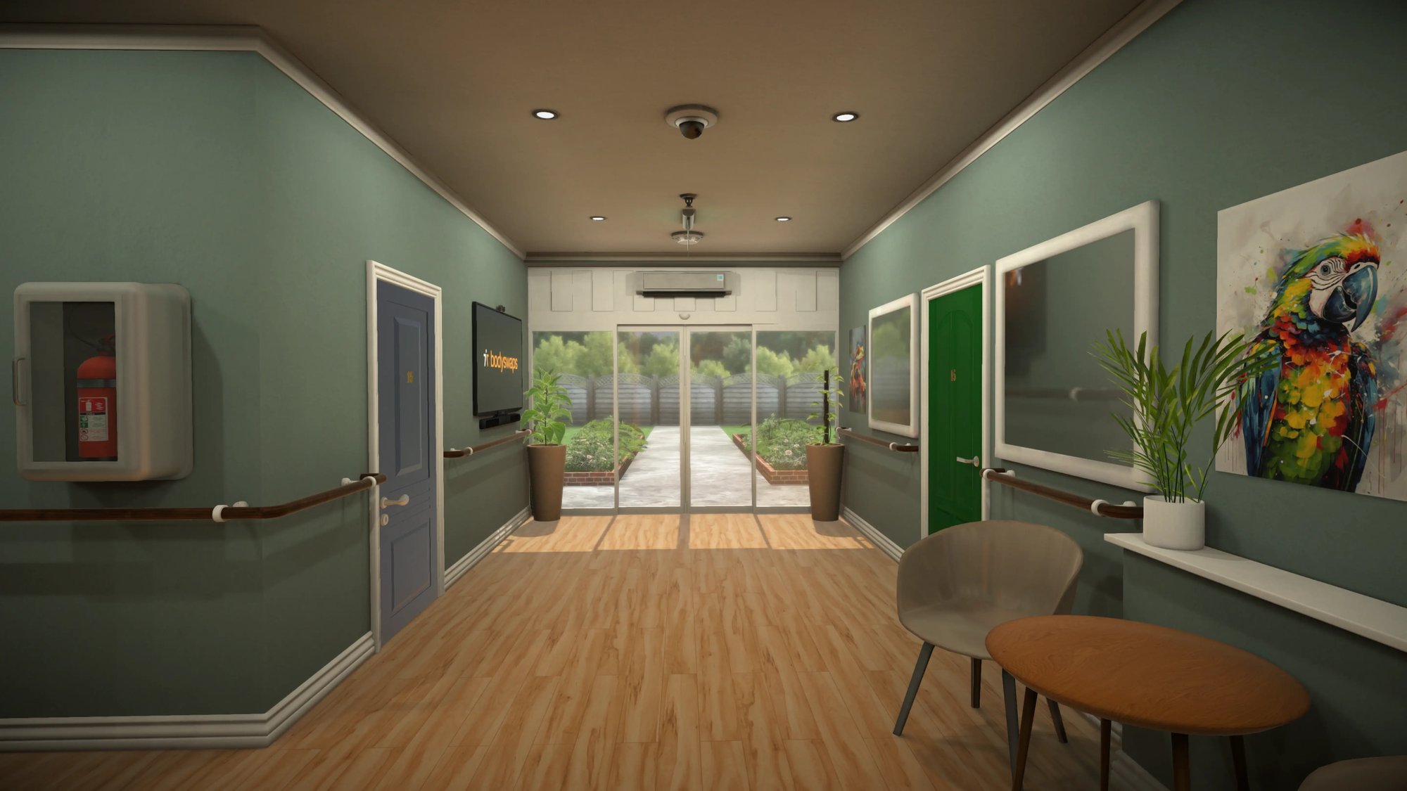 image of a corridor with a blue door on the left wall and green on the right, with the view of the glass windows at the end of the corridor