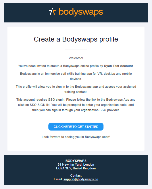 Email screen capture for creating a Bodyswaps profile with SSO enabled.