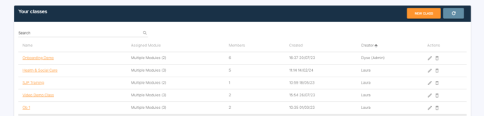 Screen capture of the Classes tab showing a list of classes with details including name, modules, members, creation date, creator, and action icons.