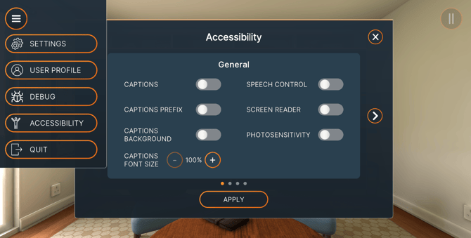 In-app capture of Accessibility Settings page with captions settings available.