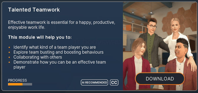 In-app capture of Talented Teamwork module page on main library menu in app, with cc logo.
