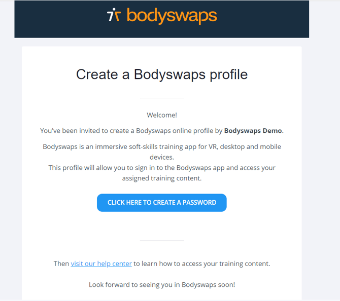 Screen capture of BodyswapsGo invitation and profile creation email with a "CLICK HERE TO CREATE A PASSWORD" button.