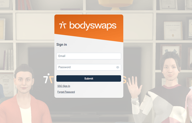 Bodyswaps Login Screen,  input fields for Email and Password, Submit button, SSO Sign In, and Forgot Password links.