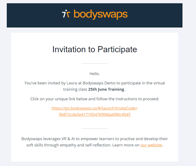 Screen capture of an email invitation to a Bodyswaps Class