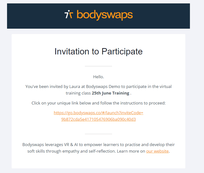 Screen capture of an email invitation to a Bodyswaps Class, titled "Invitation to Participate" with an instruction link and a brief description of Bodyswaps' mission.