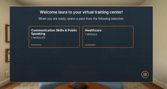 Screen capture of Bodyswaps app screen with welcome message and options for Communication Skills & Public Speaking and Healthcare modules.
