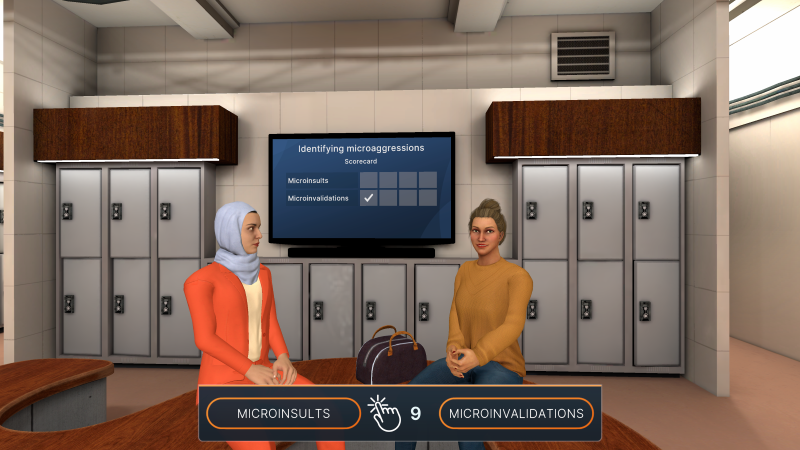 In-app screen capture of the observation activity in Navigating Microaggressions module: a virtual locker room with two feminine avatars sitting at a table, a scoreboard on a monitor in the background, and navigation buttons for microinsults and microinvalidations at the bottom.