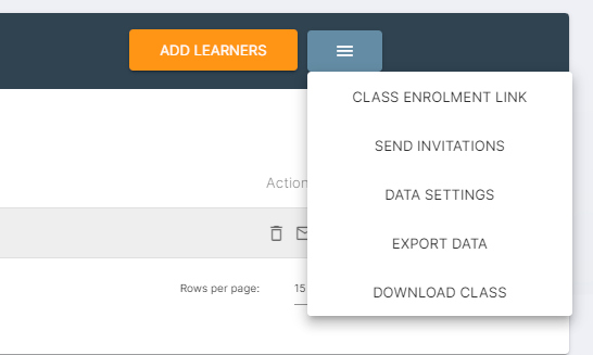 Screenshot shows the drop down menu where you can select 'Send Invitations' to the learners in the class