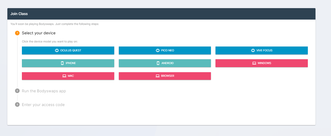 Screen capture of selecting the device the learner is using to run Bodyswaps