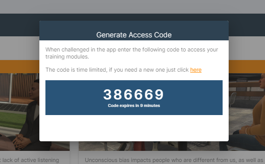 This screenshot shows an example of an access code that you'd be given after selecting the 'Get Access Code' button